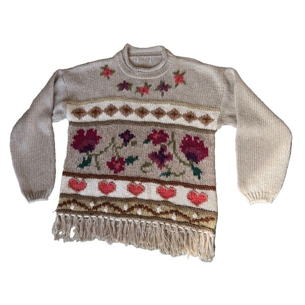 Vintage 90s Cabin Creek Floral Heart Knit Fringe M/L Sweater Cozy Cottagecore